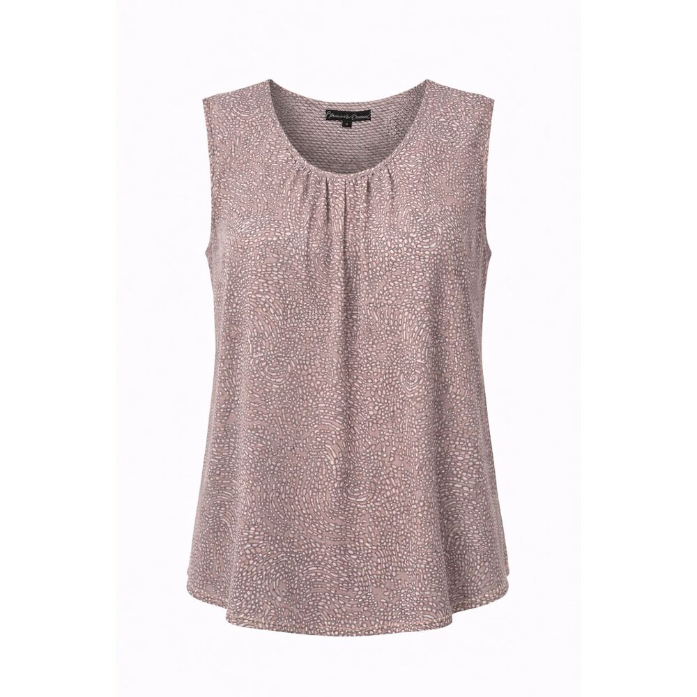 Rose & Olive Sleeveless Blouse 1X Taupe Print Split Back Silky Top